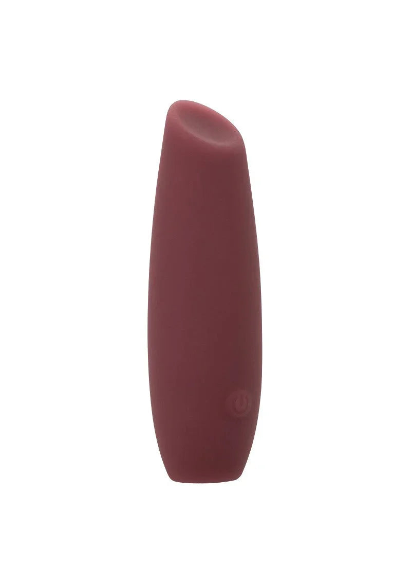 Compact dark red personal massager with curved tip and power button on white background