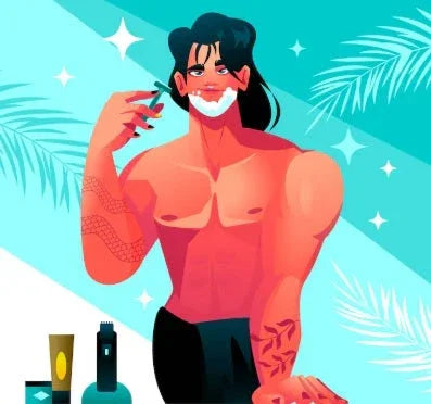 Illustration of muscular man with tattoos shaving face under sunny blue sky with palm leaves