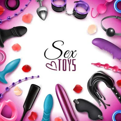 Assorted colorful sex toys and accessories arranged on a pink background with Sex Toys text.