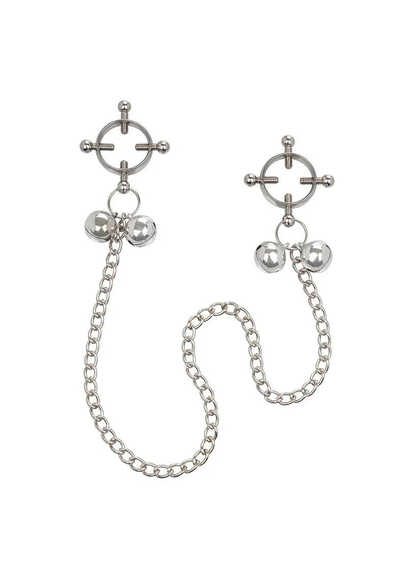Silver adjustable nipple clamps with chain and decorative metal balls on white background