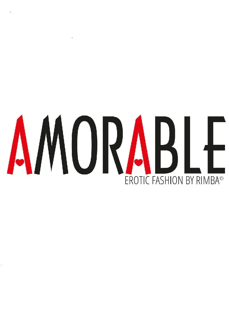 Amorable erotic fashion by Rimba logo with red letters and heart motifs on white background
