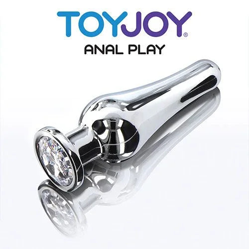 Metal anal plug with jewel base, ToyJoy Anal Play branding on white background