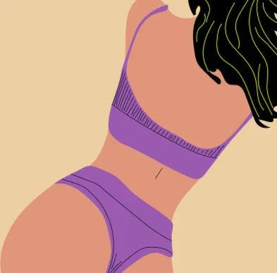Illustration of woman in purple lingerie set on nude background, back turned, CalExotics theme