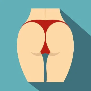 Illustration of buttocks in red thong underwear on blue background, adult cartoon style