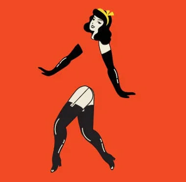 Vintage pin-up woman in stockings and gloves on orange background, retro erotic art