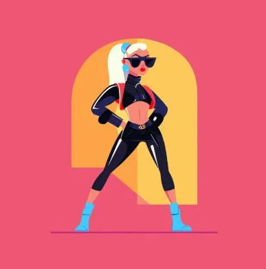 Stylish cartoon woman in black BDSM clothing and sunglasses on pink background
