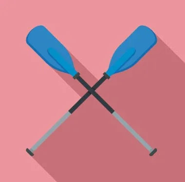 Flat illustration of two crossed blue paddles on a pink background, BDSM paddle icon