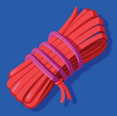 Red bondage rope neatly coiled and tied with red bands on a blue background