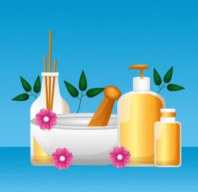 spa essentials with yellow lotion bottles, white bowl with wooden pestle, pink flowers, and green leaves