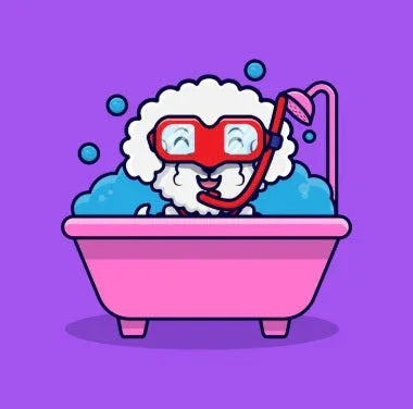 Cartoon sheep in a pink bathtub with snorkel and goggles, bubbles, purple background