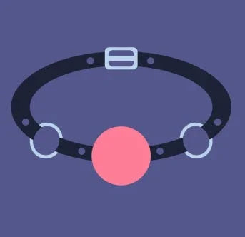 Illustrated pink ball gag with black strap on purple background, BDSM accessory