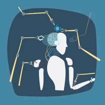 Illustration of a white humanoid robot with exposed brain circuits, surrounded by robotic arms on a dark blue background