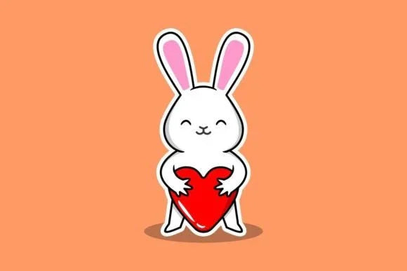 Cute white cartoon bunny holding a red heart on a peach background