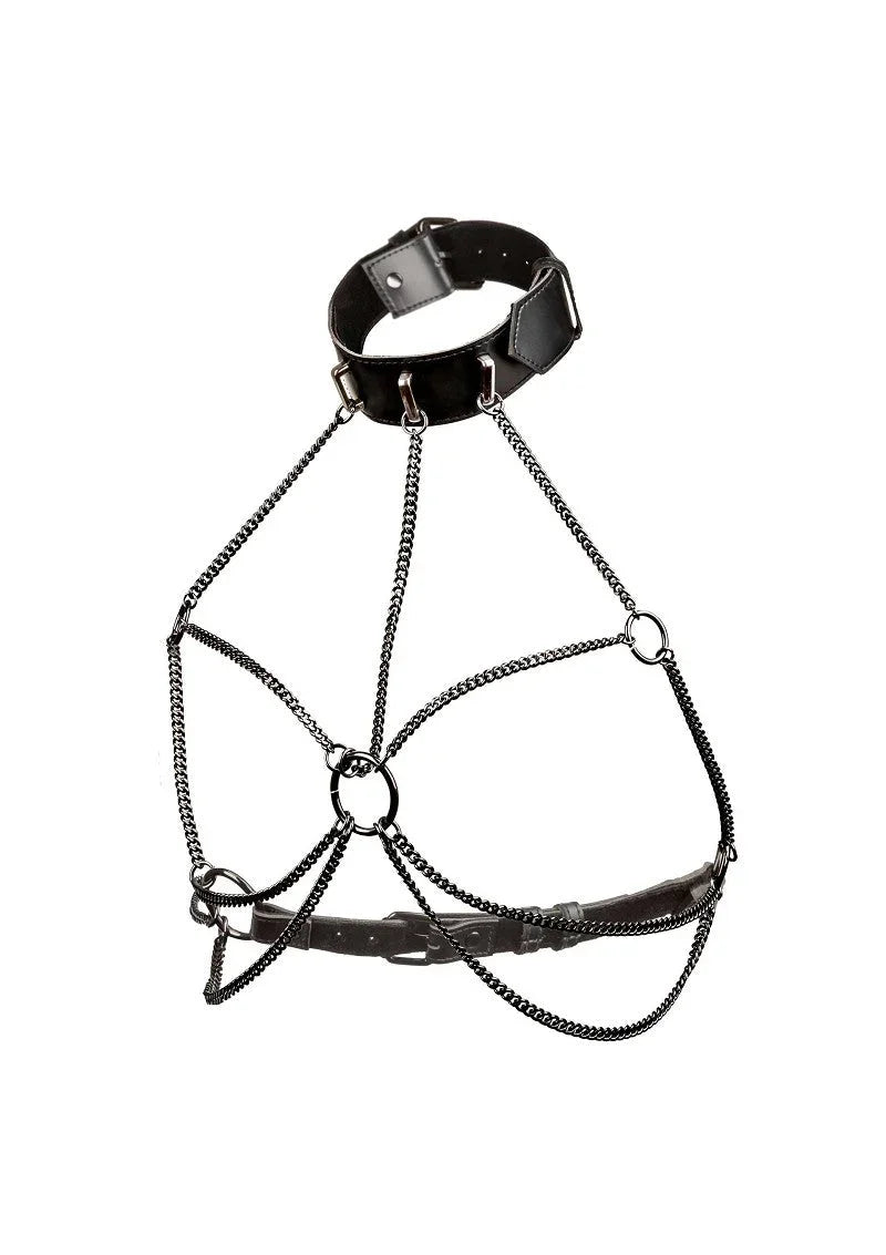 Plus size black multi-chain collar harness with leather straps and metal rings