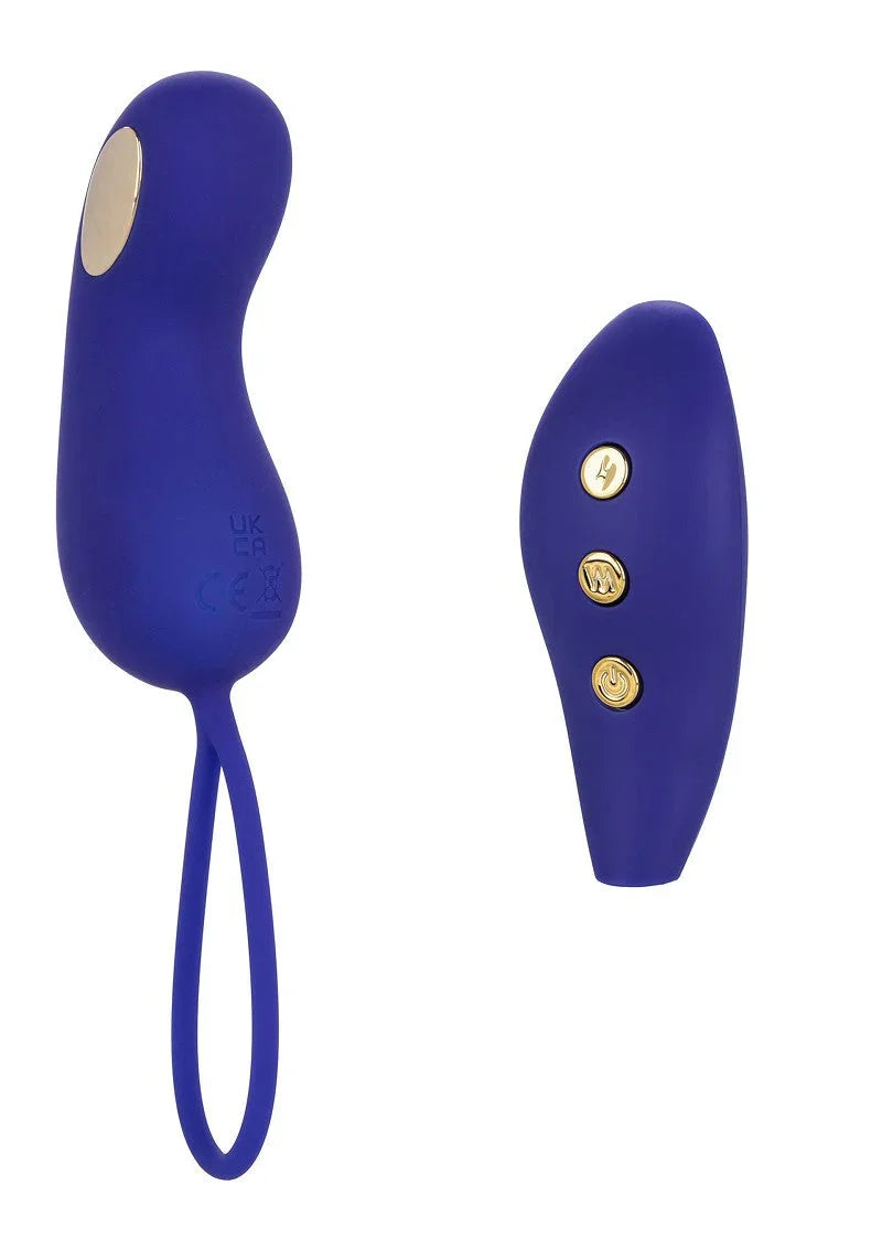 Blue wireless remote-controlled adult toy with three gold buttons and loop handle