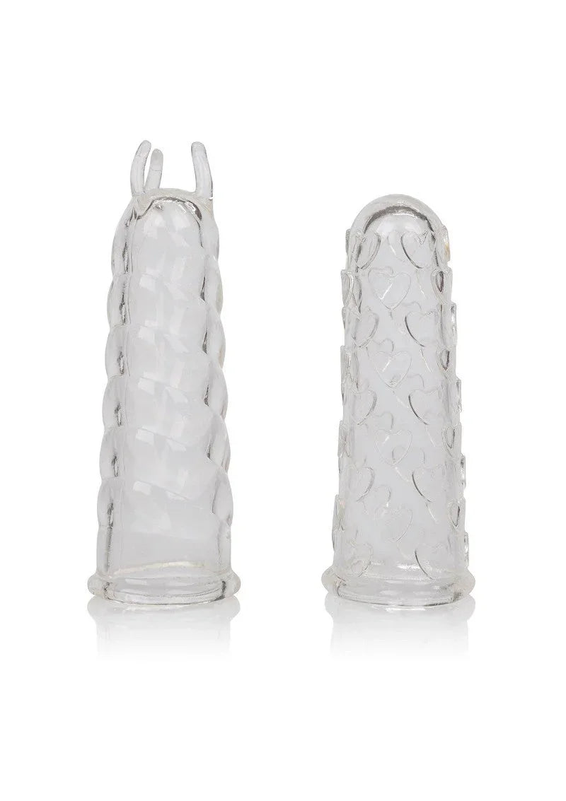 Two clear textured finger sleeves with unique raised patterns on a white background