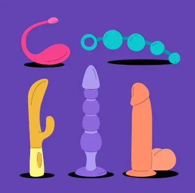 Five colorful adult toys on purple background including pink vibrator, blue anal beads, yellow rabbit vibrator, purple butt plug, and orange dildo