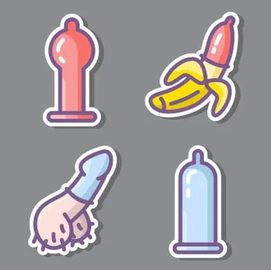 Four colorful condom and penis sleeve stickers including red, banana, blue with fingers, and clear designs on gray background
