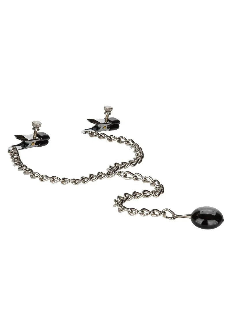 Black adjustable metal nipple clamps connected by a silver chain with a small weighted black disc