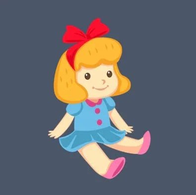 Illustration of a cute doll with blonde hair, red bow, blue dress, and pink shoes on dark background