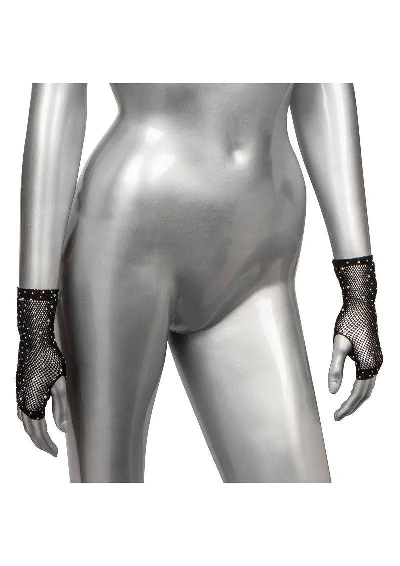 Black fingerless fishnet gloves with rhinestones on silver mannequin hands
