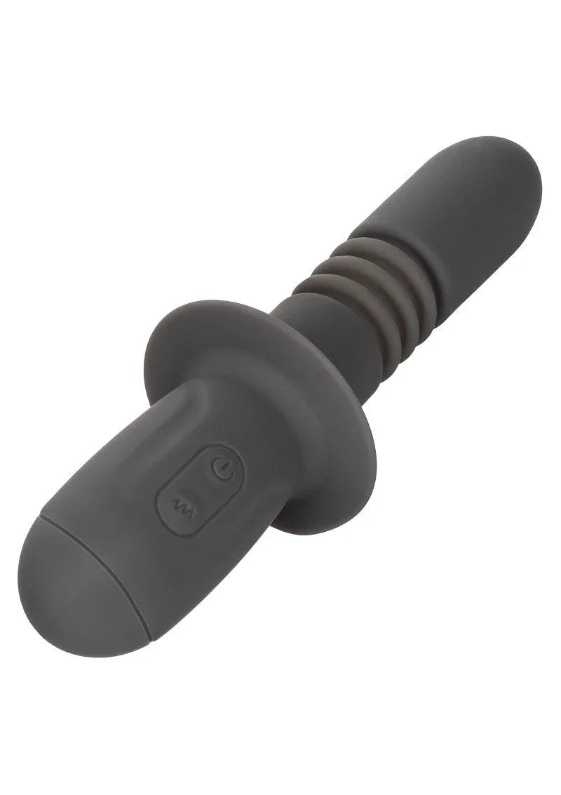 gray silicone thrusting vibrator with ribbed shaft and control buttons on handle