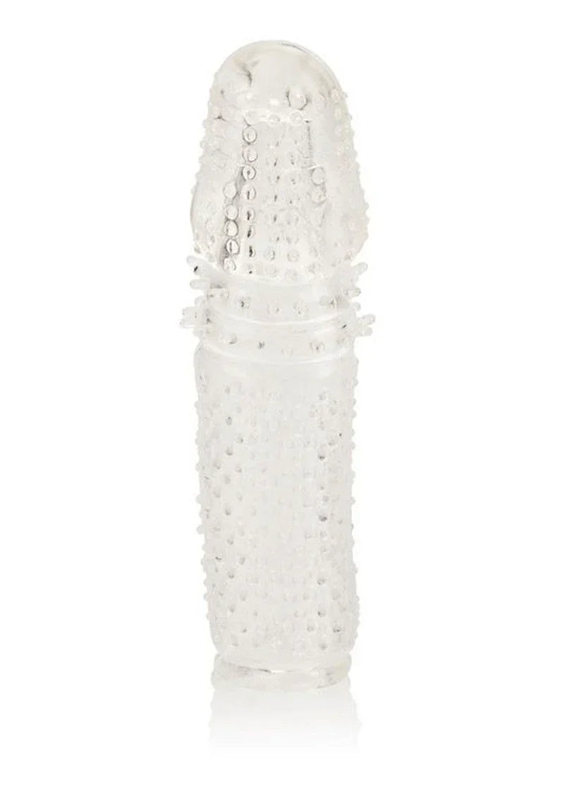Clear textured extension sleeve with raised bumps for enhanced sensation on a white background
