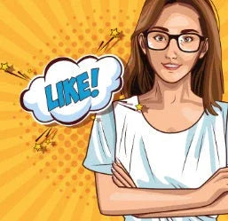 Confident woman with glasses and brown hair, wearing a casual white shirt, with a comic-style LIKE bubble