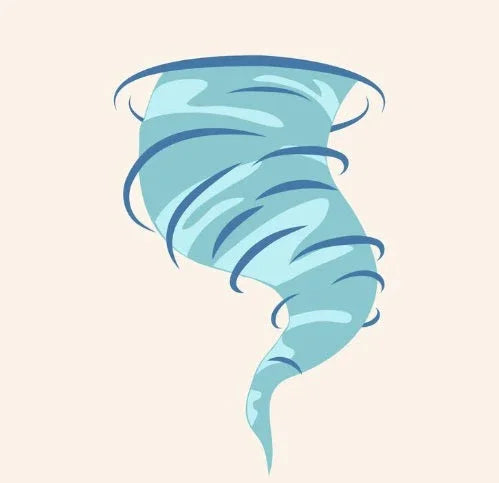 Illustration of a blue cyclone tornado with spiraling wind patterns on a plain background