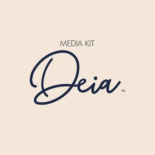 Minimalist Deia media kit logo with elegant black script on beige background
