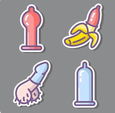 Colorful cartoon stickers of adult toys and condoms on a gray background, sex shop theme