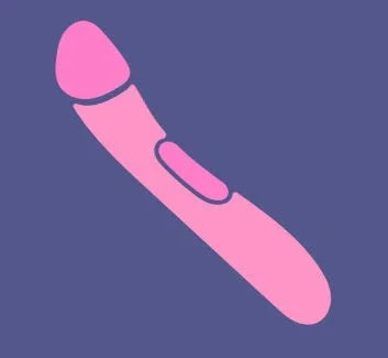 Pink silicone dildo with curved design and control button on purple background