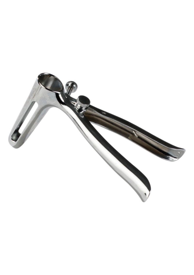 Stainless steel adjustable vaginal speculum medical instrument on white background