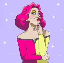 Cartoon woman with bright pink hair wearing a pink and yellow top on purple background with sparkles