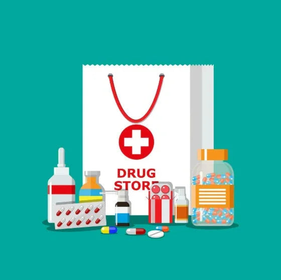 Various medicines including pill blister packs, bottles, and capsules in front of a white drugstore bag with a red cross