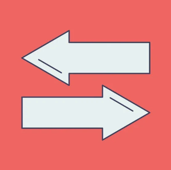 Two large double-sided arrows, one pointing left and one right, on a coral background