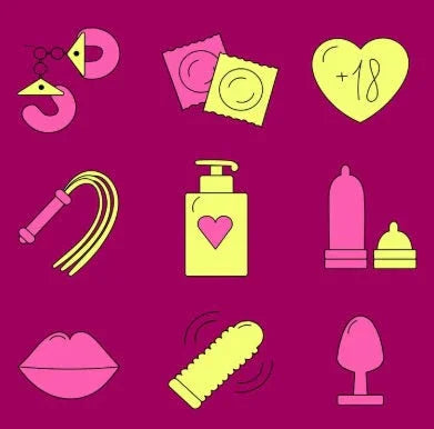Adult toys and safe sex icons on a magenta background, including condoms, handcuffs, and lubricant.