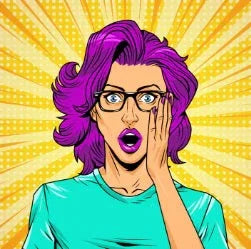 Pop art style woman with purple hair and glasses expressing surprise on yellow burst background