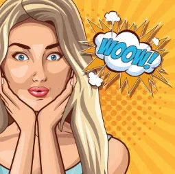 Pop art style illustration of surprised blonde woman with blue eyes and comic speech bubble saying WOOW!