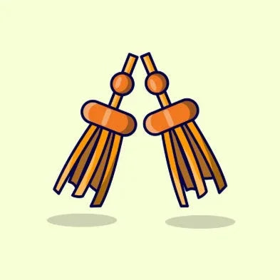 Illustration of orange flogger BDSM toys with wooden handles and multiple tails on light background