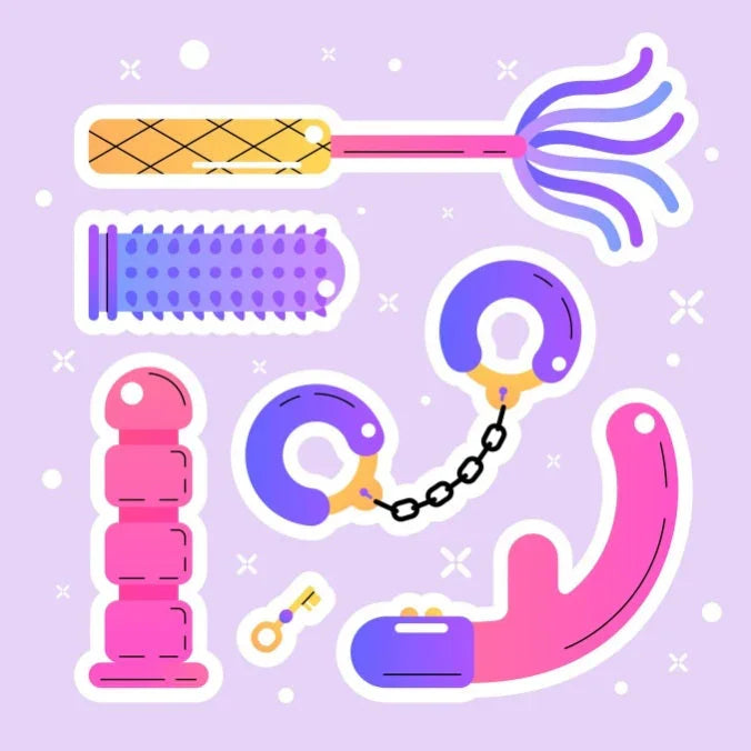 Colorful cartoon-style illustration of various fetish sex toys including handcuffs, whip, vibrator, and anal beads on purple background