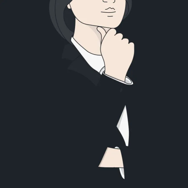 Minimalist illustration of a person in a suit with hand on chin, dark background