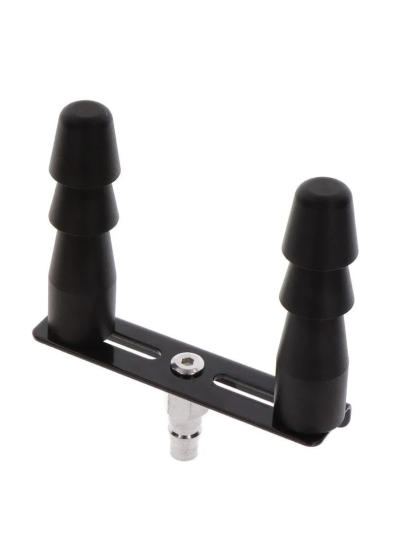 Black double-ended silicone attachment mounted on metal base with central screw for sex machine