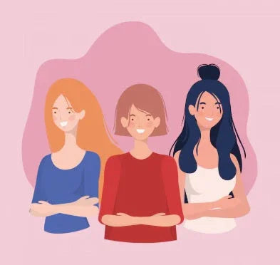 Illustration of three diverse women standing with arms crossed against a pink abstract background