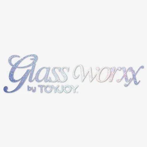 Glassworxx by ToyJoy logo with glittery blue and purple stylized text on white background