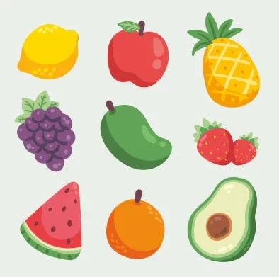 Illustrations of lemon, apple, pineapple, grapes, mango, strawberries, watermelon, orange, and avocado fruit icons