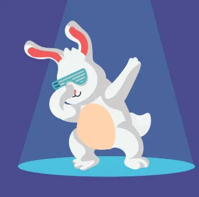 Cool white bunny wearing blue sunglasses doing a dab dance pose under a spotlight on blue background