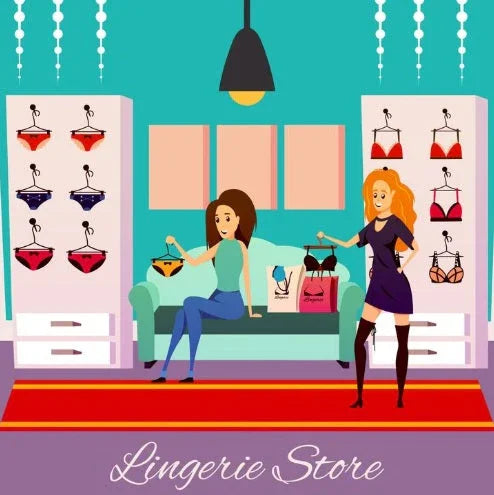 Lingerie store interior with two women selecting colorful bras and panties on display racks