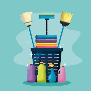 Basket with cleaning supplies including brushes, squeegee, and colorful detergent bottles on blue background