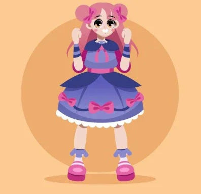 HappyToys logo featuring a cute pink-haired anime girl in a purple and pink dress with bows